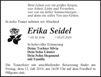 Traueranzeige von Erika Seidel von Märkische Oderzeitung