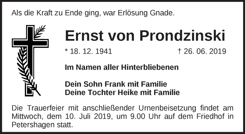  Traueranzeige für Ernst von Prondzinski vom 06.07.2019 aus Märkische Oderzeitung