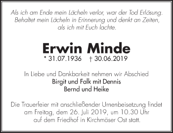 Traueranzeige von Erwin Minde von Märkische Oderzeitung