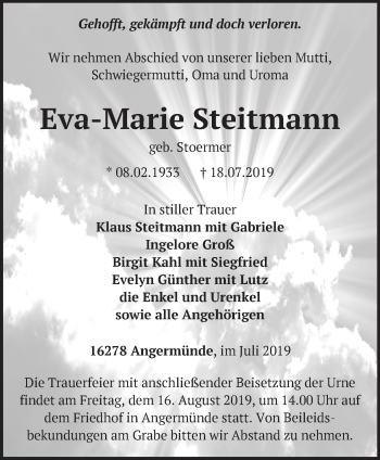 Traueranzeige von Eva-Marie Steitmann von Märkische Oderzeitung