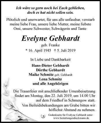 Traueranzeige von Evelyne Gebhardt von Märkische Oderzeitung