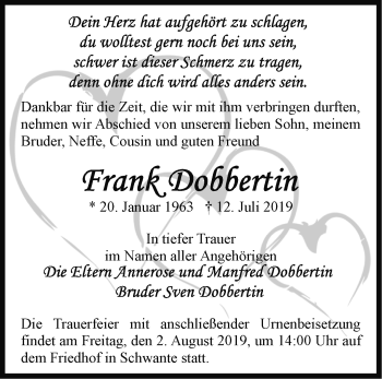 Traueranzeige von Frank Dobbertin von Märkische Oderzeitung