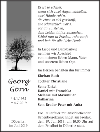 Traueranzeige von Georg Görn von Märkische Oderzeitung