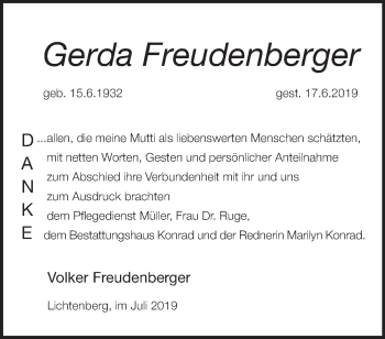 Traueranzeige von Gerda Freudenberger von Märkische Oderzeitung