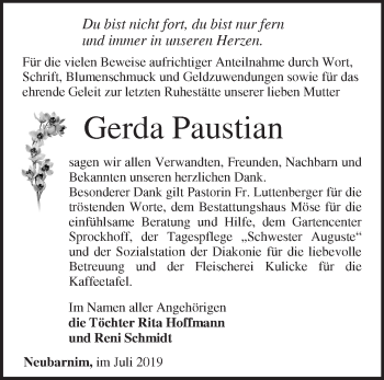 Traueranzeige von Gerda Paustian von Märkische Oderzeitung