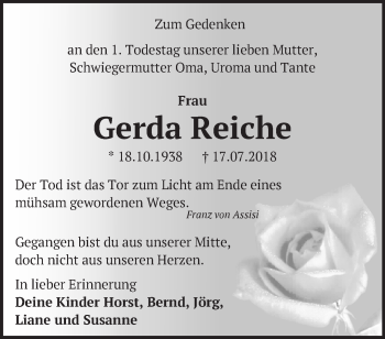 Traueranzeige von Gerda Reiche von Märkische Oderzeitung