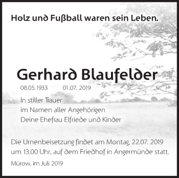 Traueranzeige von Gerhard Blaufelder von Märkische Oderzeitung