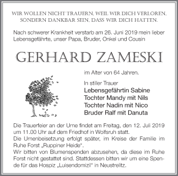 Traueranzeige von Gerhard Zameski von Märkische Oderzeitung