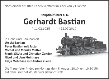 Traueranzeige von Gerhardt Bastian von Märkische Oderzeitung