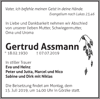 Traueranzeige von Gertrud Assmann von Märkische Oderzeitung