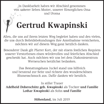 Traueranzeige von Gertrud Kwapinski von Märkische Oderzeitung