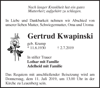 Traueranzeige von Gertrud Kwapinski von Märkische Oderzeitung