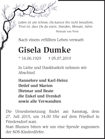 Traueranzeige von Gisela Dumke von Märkische Oderzeitung