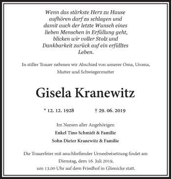 Traueranzeige von Gisela Kranewitz von Märkische Oderzeitung