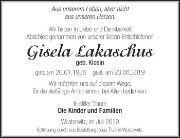 Traueranzeige von Gisela Lakaschus von Märkische Oderzeitung