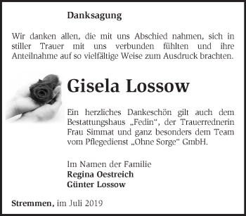 Traueranzeige von Gisela Lossow von Märkische Oderzeitung