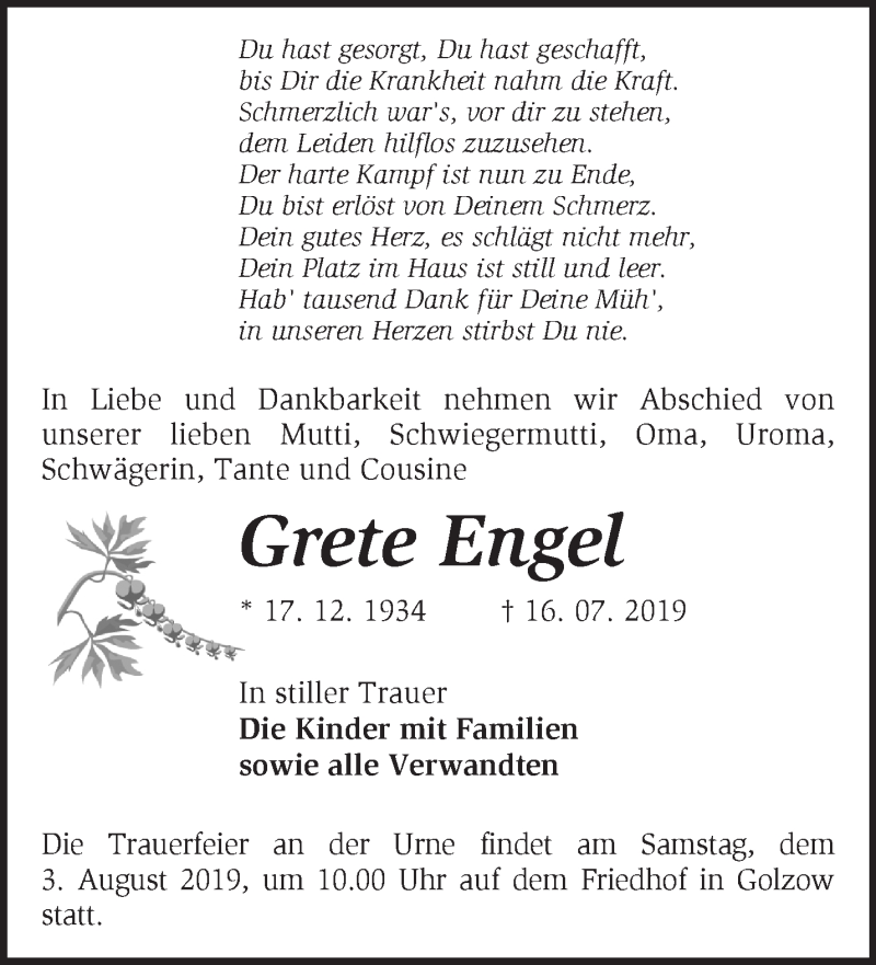 Traueranzeige für Grete Engel vom 20.07.2019 aus Märkische Oderzeitung