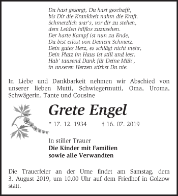 Traueranzeige von Grete Engel von Märkische Oderzeitung