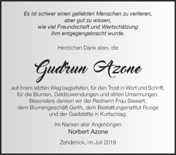 Traueranzeige von Gudrun Azone von Märkische Oderzeitung