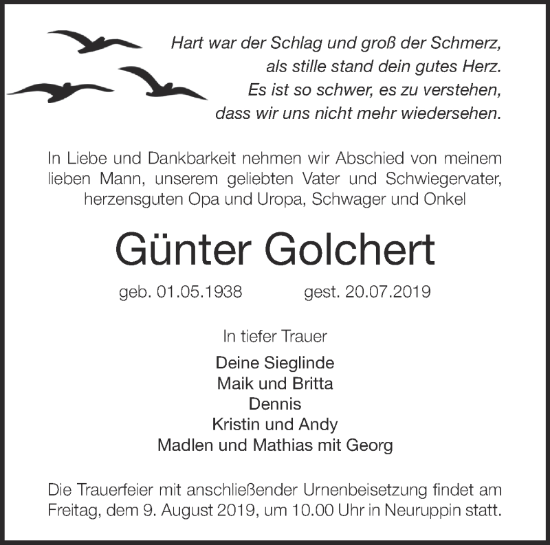  Traueranzeige für Günter Golchert vom 27.07.2019 aus Märkische Oderzeitung