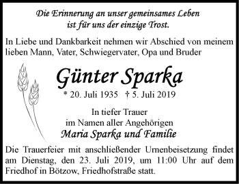 Traueranzeige von Günter Sparka von Märkische Oderzeitung