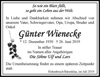 Traueranzeige von Günter Wienecke von Märkische Oderzeitung