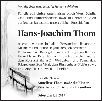 Traueranzeige von Hans-Joachim Thom von Märkische Oderzeitung