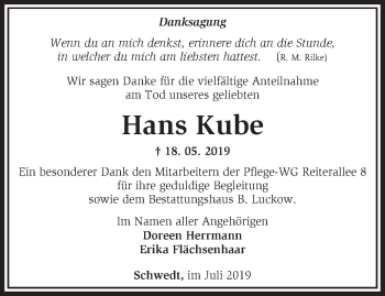 Traueranzeige von Hans Kube von Märkische Oderzeitung