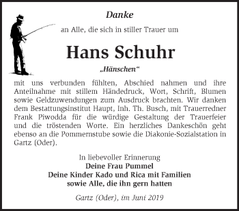 Traueranzeige von Hans Schuhr von Märkische Oderzeitung