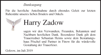 Traueranzeige von Harry Zadow von Märkische Oderzeitung