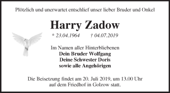 Traueranzeige von Harry Zadow von Märkische Oderzeitung