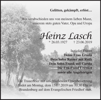 Traueranzeige von Heinz Lasch von Märkische Oderzeitung