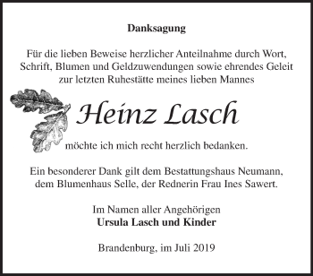 Traueranzeige von Heinz Lasch von Märkische Oderzeitung