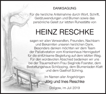 Traueranzeige von Heinz Reschke von Märkische Oderzeitung