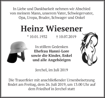 Traueranzeige von Heinz Wiesener von Märkische Oderzeitung