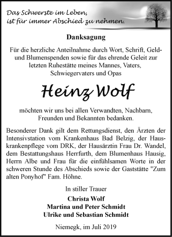 Traueranzeige von Heinz Wolf von Märkische Oderzeitung