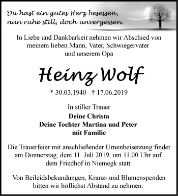 Traueranzeige von Heinz Wolf von Märkische Oderzeitung