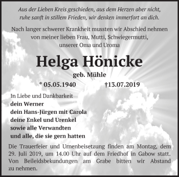 Traueranzeige von Helga Hönicke von Märkische Oderzeitung