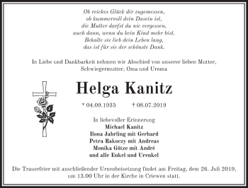 Traueranzeige von Helga Kanitz von Märkische Oderzeitung