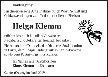 Traueranzeige von Helga Klemm von Märkische Oderzeitung