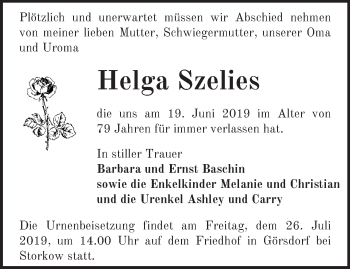 Traueranzeige von Helga Szelies von Märkische Oderzeitung