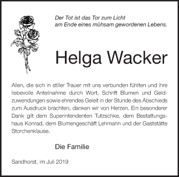 Traueranzeige von Helga Wacker von Märkische Oderzeitung