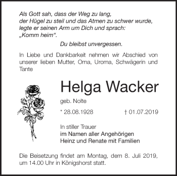 Traueranzeige von Helga Wacker von Märkische Oderzeitung