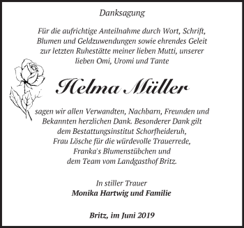 Traueranzeige von Helma Müller von Märkische Oderzeitung