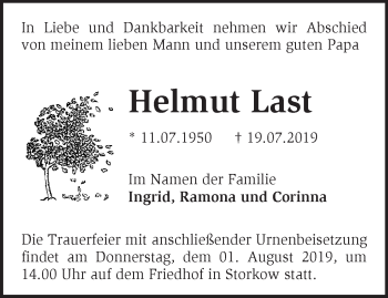 Traueranzeige von Helmut Last von Märkische Oderzeitung