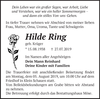 Traueranzeige von Hilde Ring von Märkische Oderzeitung