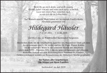 Traueranzeige von Hildegard Häusler von Märkische Oderzeitung