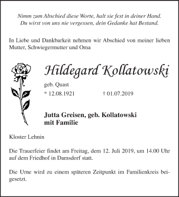 Traueranzeige von Hildegard Kollatowski von Märkische Oderzeitung