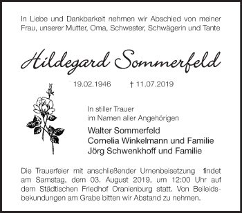 Traueranzeige von Hildegard Sommerfeld von Märkische Oderzeitung