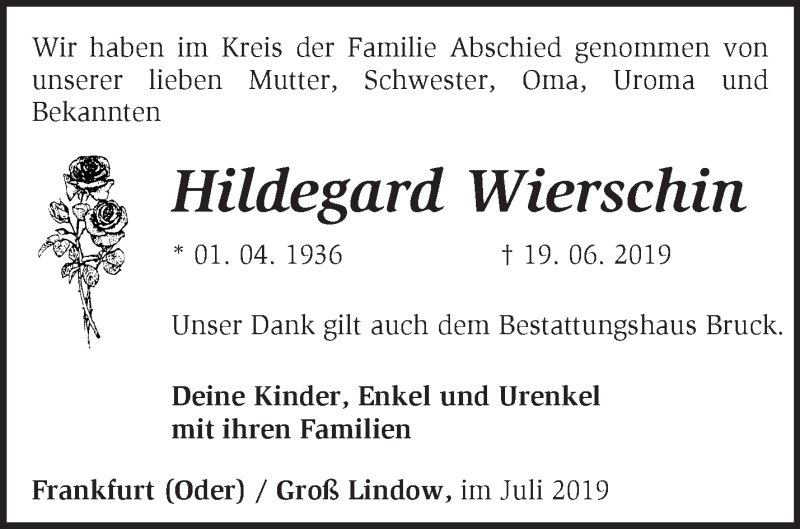  Traueranzeige für Hildegard Wierschin vom 13.07.2019 aus Märkische Oderzeitung